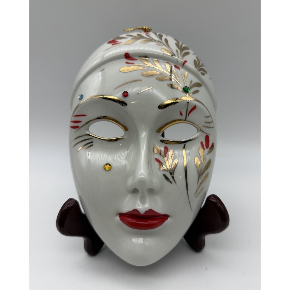 Vintage Capodimonte Porcelain Jeweled Face Mask Wall Hanging - 7" Tall